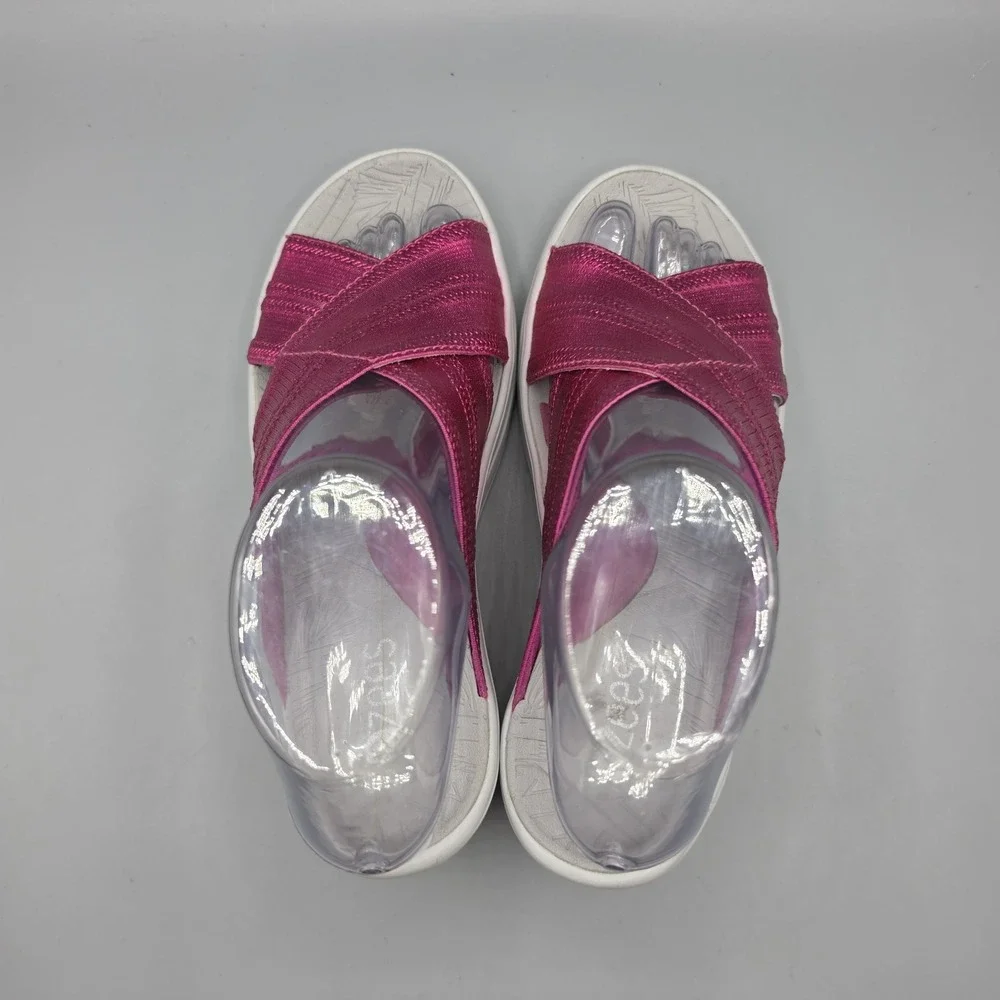 Bzees Sandals Womens 7 M Vista Pink Magenta Metallic Straps Slide Wedge Platform